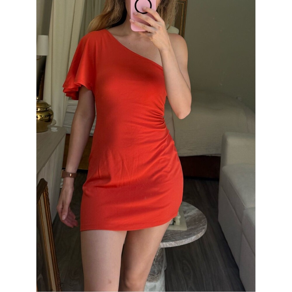 Susana Monaco One Shoulder Mini Dress Coral Orange Jersey Bodycon Size M